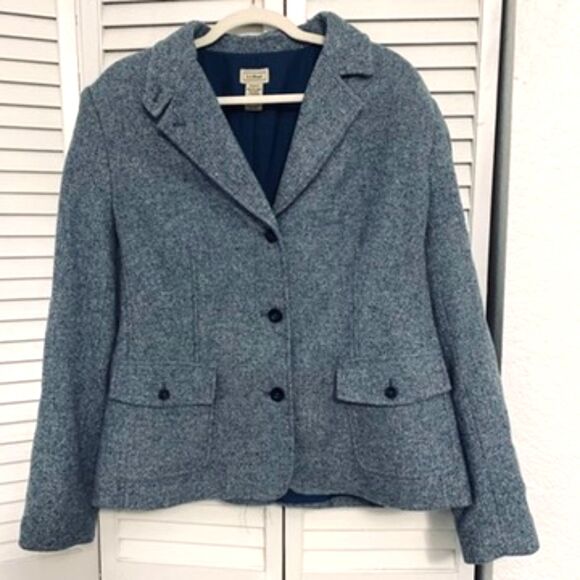 L.L. Bean Jackets & Blazers - LL Bean Blue Herringbone Tweed Blazer Sz XL Wool Blend Career Classic Heritage